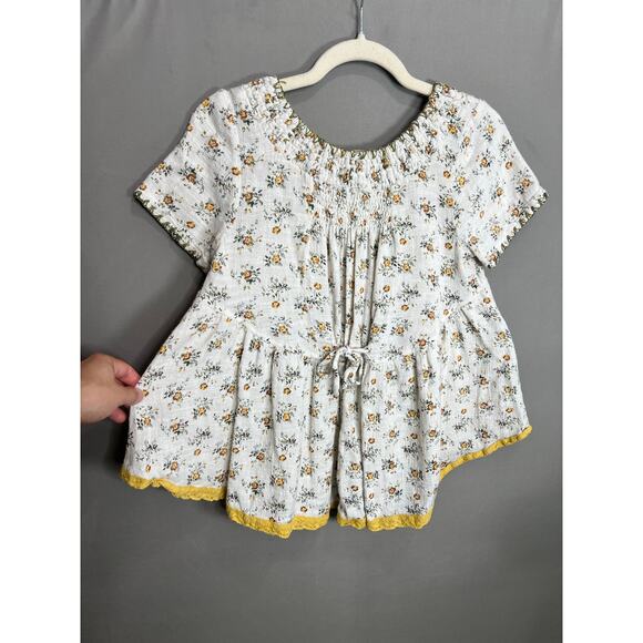 Cousin Earl Beige Yellow Floral Babydoll Peasant Top Sz XS Cottagecore Boho - Picture 2 of 12